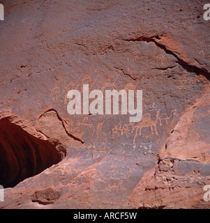 Iscrizioni Thamudic scolpiti 2000 anni fa dalla tribù arabe del camel caravan sul Jebal Umm Ishrin, Wadi Rum, Giordania, Medio Oriente Foto Stock