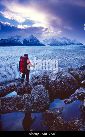 Trekker guardando oltre il ghiacciaio Grey, Paine circuito, il Parco Nazionale di Torres del Paine nella Patagonia cilena. Foto Stock