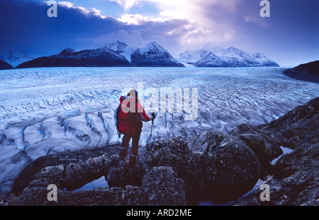 Trekker guardando oltre il ghiacciaio Grey, Paine circuito, il Parco Nazionale di Torres del Paine nella Patagonia cilena. Foto Stock