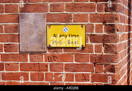 Parcheggio segno di restrizione affermando in qualsiasi momento da maggio a settembre accanto alla bacheca vuota su un angolo di brickwall scolpiti con le iniziali Foto Stock