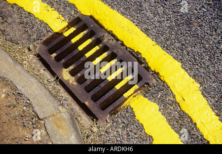 Dettaglio dal di sopra del dipinta di fresco doppie linee di colore giallo a seguito di una curva sulla strada e passando al di sopra di una griglia di scarico Foto Stock