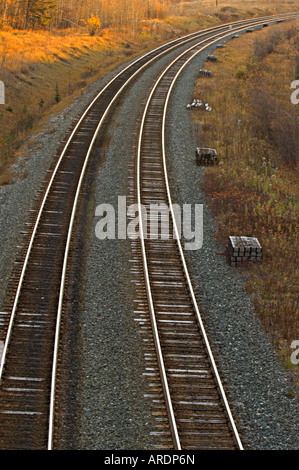 Un overhead immagine di una coppia di binari curvando attraverso il paesaggio rurale Foto Stock