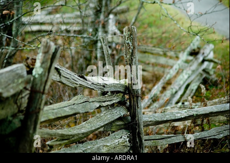 Appalachian split rail recinzione log scena artistica di rara bellezza nella caduta di Blue Ridge con giallo, rosso, arancio foglie Foto Stock