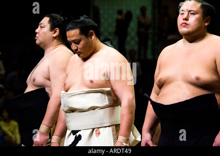 Lottatori di Sumo riposare per una cerimonia al Ryogoku Stadium di Tokyo Giappone dettaglio Foto Stock