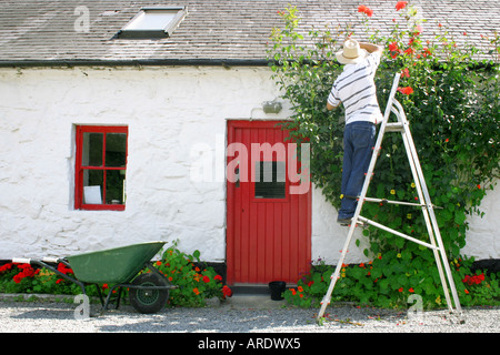 Giardiniere potare arbusti nel villaggio di Avoca, County Wicklow, Repubblica di Irlanda Foto Stock