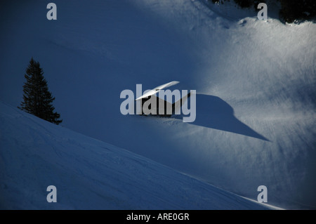 Maso di montagna con casa, nella neve a Rossberg, Niederhorn, Simmental o Simmnevalley, alpi Bernesi, Svizzera Foto Stock