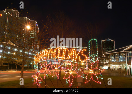 Norfolk Virginia, Town Point Park, luci di Natale, skyline della città, centro, centro città, edifici, architettura, architettura, urbano, popula Foto Stock