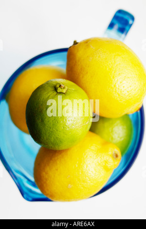 I Limoni e limette in una brocca blu Foto Stock