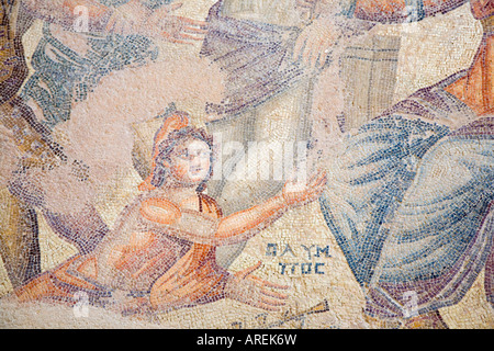 Pavimento romano mosaici nella "Casa di Dionysos" Cipro, mosaici riproducono il dio del vino, mitologici, vintage scene di caccia. Foto Stock