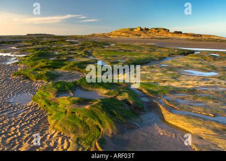 Calda luce dorata sul piccolo occhio con Hilbre Island in distanza, West Kirby Wirral Peninsula Foto Stock