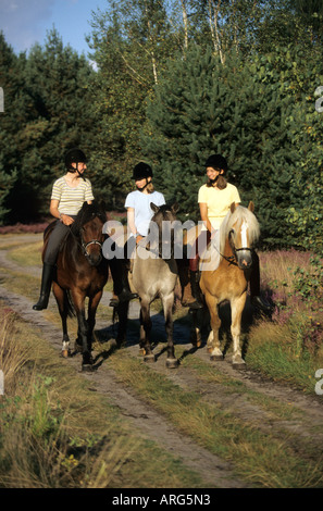 Un gruppo di ragazze e i loro cavalli di equitazione in brughiera Foto Stock