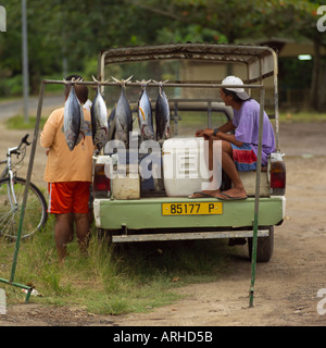 La vendita del pesce dal retro del carrello a Moorea Tahiti Foto Stock