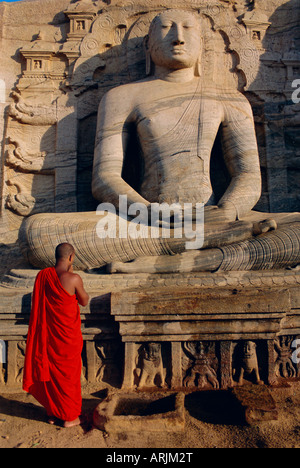 Monaco di fronte il sedere statua del Buddha, Gol Vihara, Polonnaruwa, Sri Lanka, Asia Foto Stock