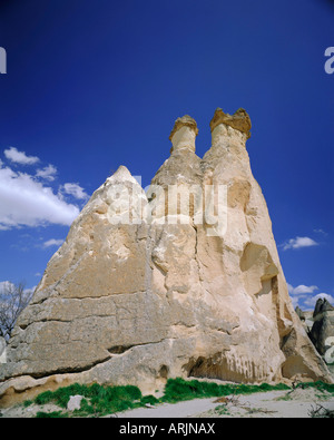 Camini di Fata, formazioni rocciose derivanti dall erosione differenziale, Pasabag presso Zelve, Cappadocia, Turchia, Eurasia Foto Stock