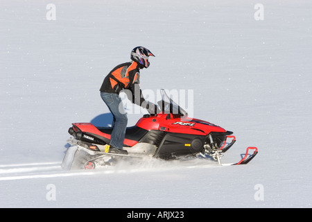 Giovane uomo alla guida di motoslitta sulla fresca neve intatta , Finlandia Foto Stock