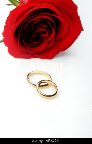 Regalo romantico di Red Rose e anelli di fidanzamento Foto Stock