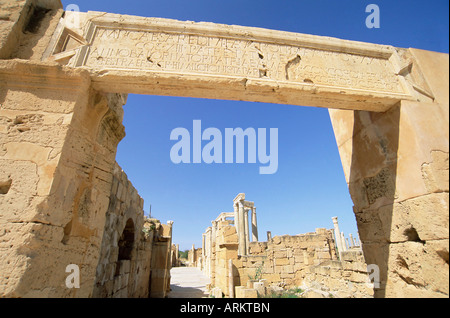 Teatro, sito archeologico di Leptis Magna, Sito Patrimonio Mondiale dell'UNESCO, Tripolitania, Libia, Africa Settentrionale, Africa Foto Stock