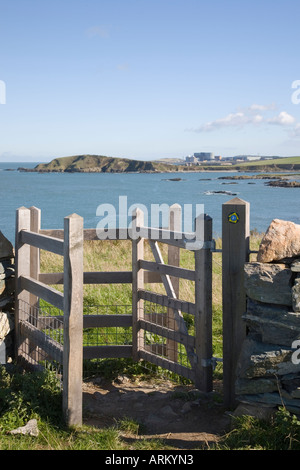 Isola di Anglesey sentiero costiero kissing gate con coste frastagliate della gallina Borth bay oltre la baia di Cemlyn Anglesey North Wales UK Foto Stock