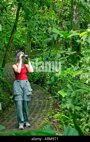 Un visitatore sull'Arenal ponti pensili Trail Arenal Costa Rica Foto Stock