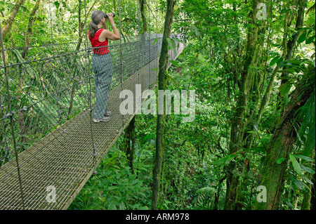 Un visitatore su un ponte sospeso su Arenal ponti pensili Trail Arenal Costa Rica Foto Stock