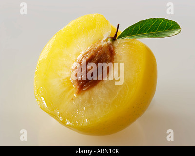 Mezzo fresco prelevato giallo dorato mezza susina con foglia, contro uno sfondo bianco Foto Stock