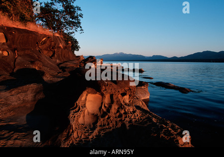 Hornby isola nelle isole del golfo, arenaria seashore con modelli di erosione, Ford Cove, British Columbia, Canada. Foto Stock