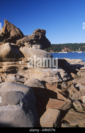 Hornby isola nelle isole del golfo, arenaria seashore con modelli di erosione, Tribune Bay, l'isola di Vancouver, British Columbia, Canada Foto Stock