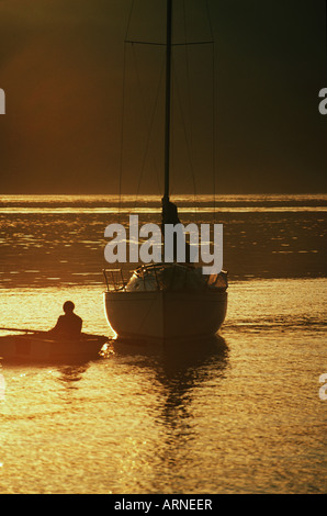 Sailor approcci in barca dinghy, tramonto, Isola di Vancouver, British Columbia, Canada. Foto Stock