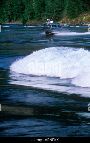 Sechelt vicino Egmont, inondazione onda di marea con la barca al di là, British Columbia, Canada. Foto Stock