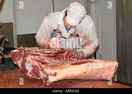 Carni bovine carve dissezionare joint rosa rosso sangue gore di lavoro tavolo di lavoro osso coltello fetta tagliata dissezionare separare tagliare la pelle del mattatoio di osso di pelle Foto Stock