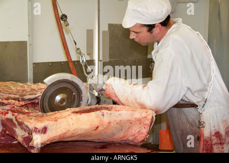 Carni bovine carve dissezionare joint rosa rosso sangue gore di lavoro tavolo di lavoro osso coltello fetta tagliata dissezionare separare tagliare la pelle del mattatoio di osso di pelle Foto Stock