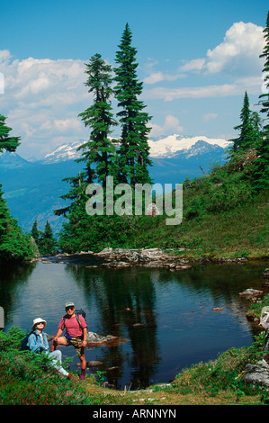 Giovane passeggiate nel prato alpino sulla cima di Whistler, Whistler, British Columbia, Canada. Foto Stock