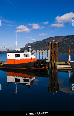 Barche da lavoro al dock, Cowichan Bay, l'isola di Vancouver, British Columbia, Canada. Foto Stock