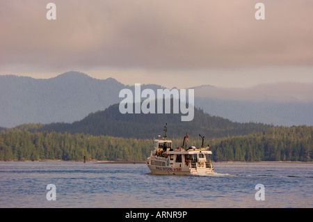 Whale Watch barca lascia Tofino Harbour, Clayoquot Sound, Isola di Vancouver, British Columbia, Canada. Foto Stock