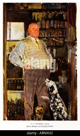 Il proprietario del Jolly Sailor, 1930s verniciatura di un archetipo di master il pub in piedi dietro il suo bar Foto Stock
