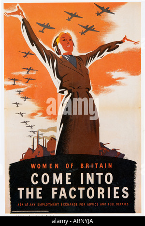 Le donne entrano in fabbriche 1940 British propaganda poster per recuit donne per la forza lavoro Foto Stock