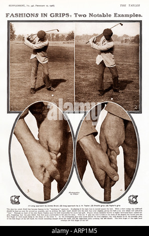 Golf Grips 1908 Magazine diffusione delle impugnature di due grandi Edwardian golfisti James Braid JH Taylor Foto Stock