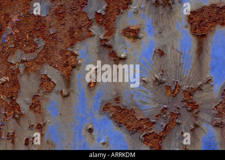 Vernice blu chipping e lo sfaldamento di da un travagliato e stagionato piastra di metallo rivelando i toni di marrone di acciaio arrugginito sotto di esso Foto Stock