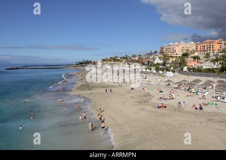 Affacciato sulla spiaggia di Playa del Duque sulla Costa Adeje Tenerife Isole Canarie Spagna Foto Stock