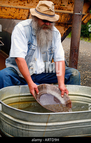 Dexter Clarke miner dimostra le sue tecniche di panning in Eldorado miniera vicino a Fairbanks Alaska Stati Uniti d'America. Foto Stock