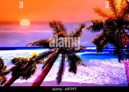 Concetto montage immagine di una scena tropicale con palme Sunset beach e forme d'onda distorta con colori saturi Foto Stock