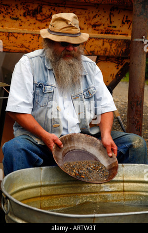 Dexter Clarke miner dimostra le sue tecniche di panning in Eldorado miniera vicino a Fairbanks Alaska Stati Uniti d'America. Foto Stock