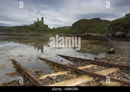 Foto paesaggistica del castello di calotta a Kyleakin sull'Isola di Skye in Scozia con rotaie in primo piano Foto Stock