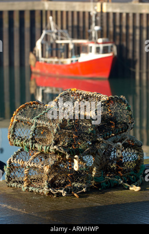 Barca da pesca e Lobster Pot seduti sulla banchina del porto di Portavogie contea di Down Irlanda del Nord Foto Stock