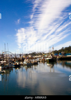 Flusso di nuvole a terra oltre la marina in Newport sulla costa dell'Oregon Foto Stock