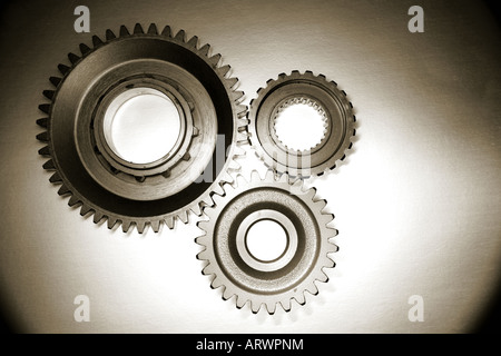 In acciaio a tre ruote dentate ingrananti tra di loro Foto Stock