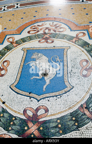 Un foro è usurata attraverso il pavimento dove la gente strofinare il loro tallone sulla bolla per buona fortuna Galleria Vittorio Emanuele, Milano, Italia Foto Stock