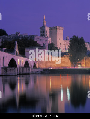 Fiume Rodano Pont St Benezet Avignon Vaucluse Provence Alpes Cote d Azur Francia al crepuscolo Foto Stock