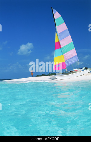 Coppia con il loro catamarano parcheggiato sulla riva sabbiosa in Maldive Foto Stock