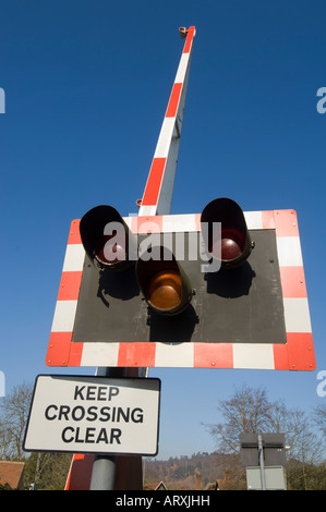 'Continuare attraversando chiaro segno al passaggio a livello, Chilworth, Surrey, Regno Unito Foto Stock